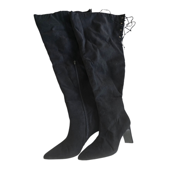 Nadia x FTF Mid Thigh Boots Women Sz 9W Black Ophelia Suede Back Laces New - Picture 2 of 14